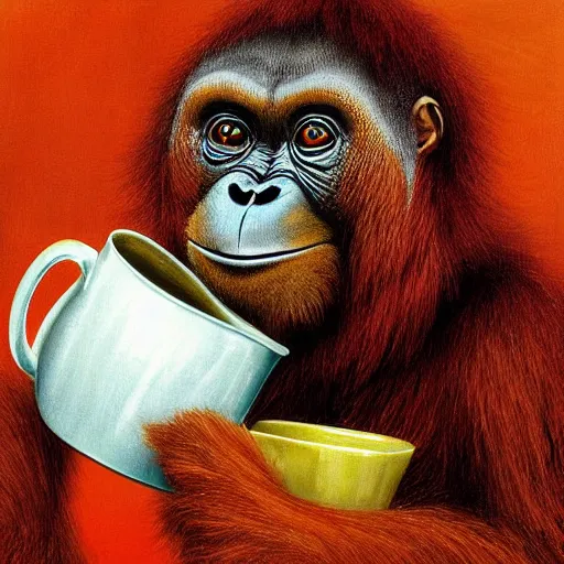 Prompt: a tired looking red - eyed orangutan making coffee in the morning by louis wain, digital art, detailed