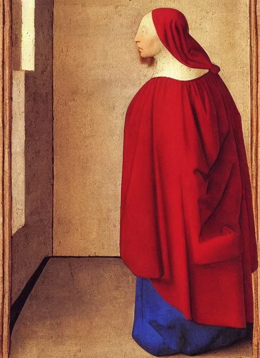 Image similar to Profile of Fallen Angel dressed in red, Medieval painting by Jan van Eyck, Johannes Vermeer, Florence