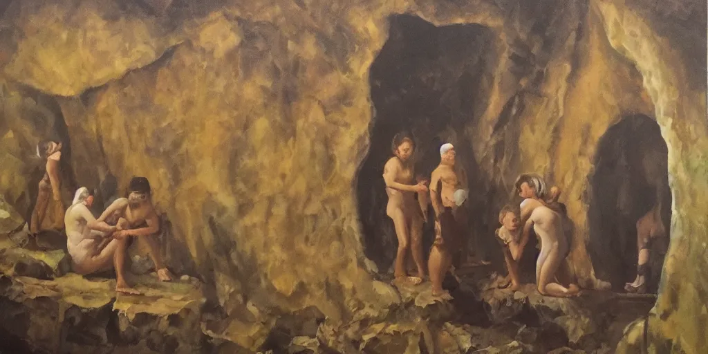 Prompt: three explorers looking for the answers to life's greatest riddles inside the cave of wonders, oil paint on canvas