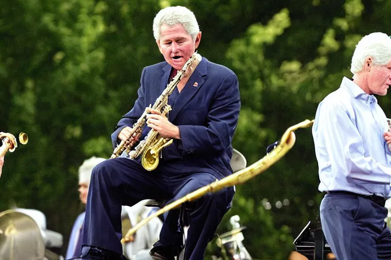 Image similar to george w bush playing banjo, bill clinton playing saxophone on stage