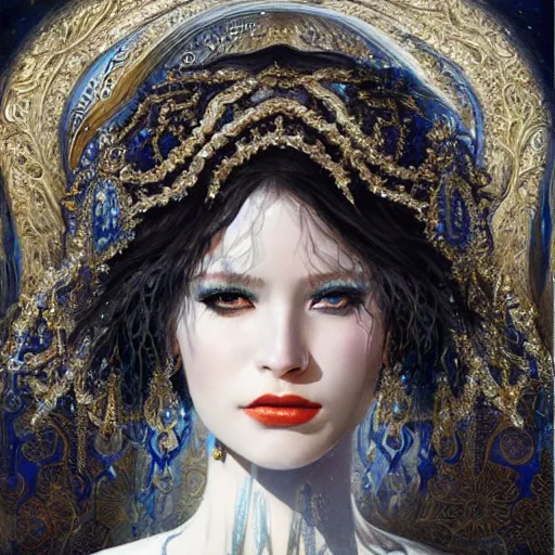 Image similar to a beautiful woman wearing a white dress made of silver with jewelry and diamonds by karol bak, ayami kojima, sakimichan, arabian beauty, blue eyes, smile, concept art, fantasy