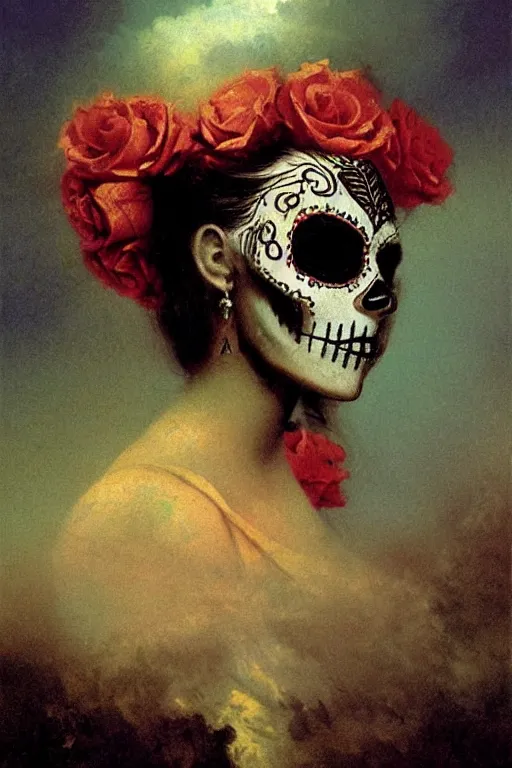 Image similar to illustration of a sugar skull day of the dead girl, art by Ivan Aivazovsky