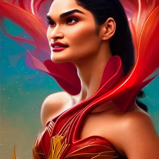 Image similar to pia wurtzbach as darna, volumetric lights, red and cyan theme, art nouveau botanicals, intricate, highly detailed, digital painting, artstation, concept art, smooth, sharp focus, cinematic, illustration, beautiful face, art by artgerm and greg rutkowski and alphonse mucha