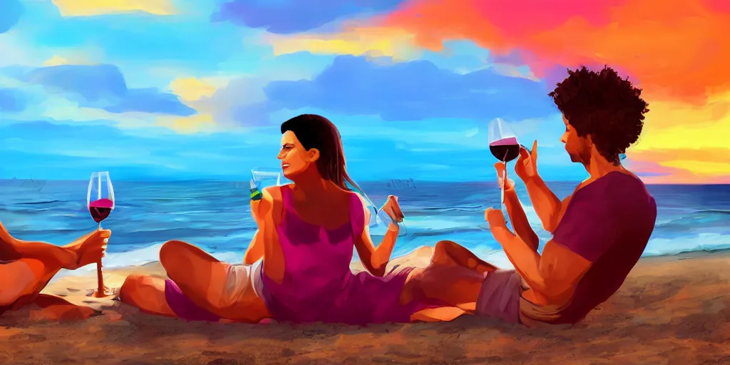 Prompt: one young man and one young woman drinking wine on a beach, beautiful colors, amazing landscape, digital art