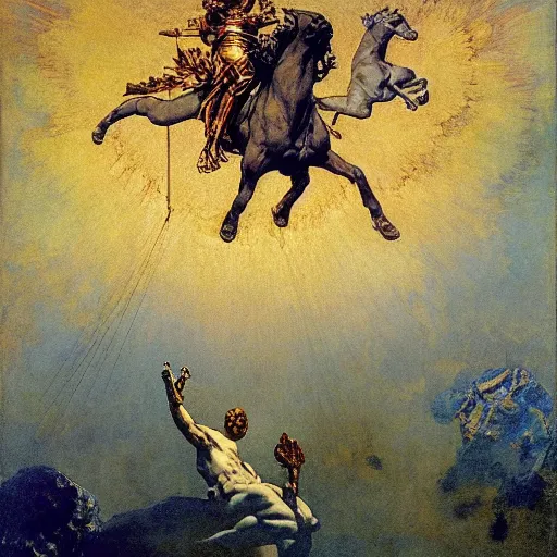 Image similar to Tragic Portrait of Phaethon the Demigod losing control of the chariot chariot that is the sun careening through the zodiac filled stratosphere norman rockwell guillem h. poniluppi howard pyle Ilya Repin Michelangelo Buonarotti Leonardo Da Vinci rodin greg rutkowski james gurney tombow masterpiece fresco quadratura Trompe-lœil