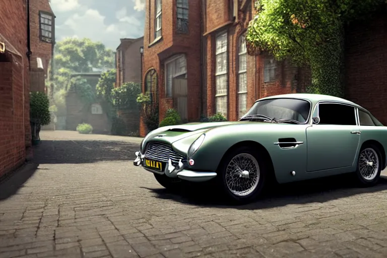 Image similar to a wholesome animation key shot of one focused short shrunk aston martin db 5, in a rich london mews residential street, waist height, medium range, studio ghibli, ( pixar ) and disney animation, sharp, very detailed, unreal engine 5 render, bloom, high resolution, anime key art by greg rutkowski