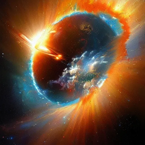 Image similar to planet earth exploding, space, hubble telescope, beautiful, explosion, craig mullins