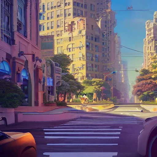 Image similar to an art deco cityscape with flowers lining the street. incredible voluminous indirect soft glow cinematic lighting, hyperdetailed features, movie still, intricate, octane render, unreal engine, crepuscular rays, god rays, by beeple and rhads and donato giancola