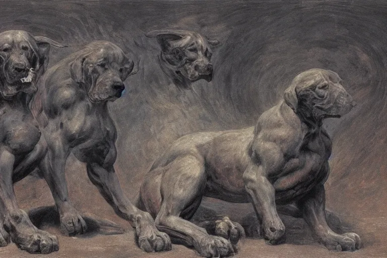 Image similar to hyperdetailed matte art of a three headed dog cerberus by william blake, ilya repin, amano, rene magritte, craig mullins, three headed dog cerberus, details