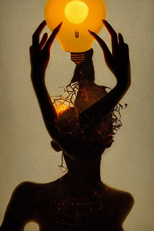 Image similar to painting of a woman inside of an upside down light bulb, kintsugi, modern fine art, fractal, intricate, elegant, highly detailed, digital photography, subsurface scattering, by wes anderson and basquiat and greg rutkowski,