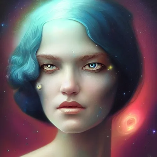 Image similar to a beautiful portrait of a cosmic goddess by Jim Burns and Tom Bagshaw, Trending on Artstation, nebula background