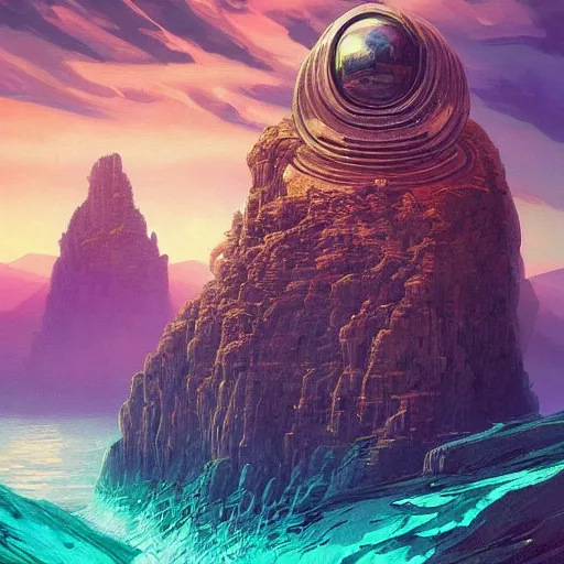 Image similar to Alena Aenami, scifi landscape, hyperrealistic surrealism, award winning masterpiece with incredible details, epic stunning, infinity pool, a surreal vaporwave liminal space, highly detailed, trending on ArtStation, artgerm and greg rutkowski and alphonse mucha, daily deviation, IAMAG, broken giant marble head statue ruins, golden hour