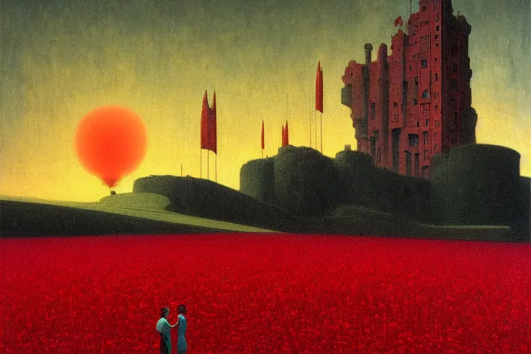 Image similar to only with red, red flowers of different types, a castle in the background, red giants rest over the flowers, in the style of beksinski, part by hopper, part by rodcenko, part by hofbauer, intricate composition, red by caravaggio, insanely quality, highly detailed, masterpiece, red light, artstation, 8 k