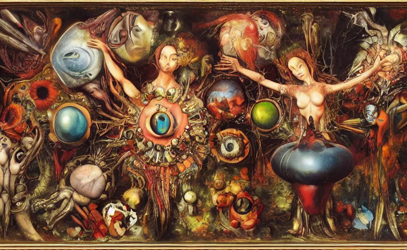 Image similar to an oil painting by arcimboldo, by georgia o keeffe, by botticelli, by giger, by frank frazetta, by gustave moreau, by beksinski, seen through a kaleidoscope, vanity, broken, nerve system, medical
