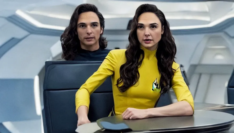 Image similar to Gal Gadot, wearing yellow, is the captain of the starship Enterprise in the new Star Trek movie