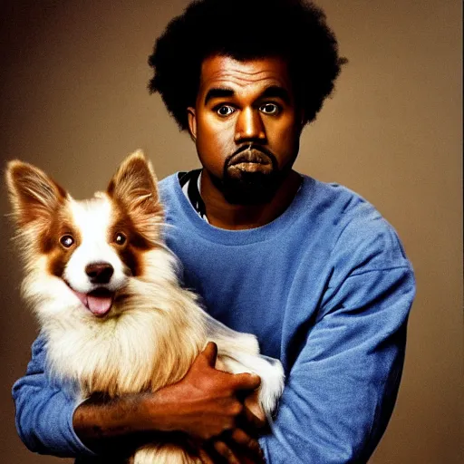 Image similar to Kanye West holding a Border Collie for a 1990s sitcom tv show, Studio Photograph, portrait C 12.0