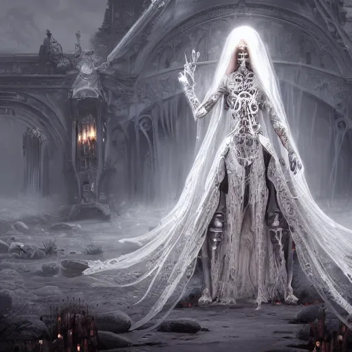 Image similar to female gothic robots with human organ and face, dressed in white intricate lace, veils and jewels, epic environment, matte painting, diffused lighting, highly detailed, cinematic, epic atmosphere, digital art, trending on artstation, wide angle