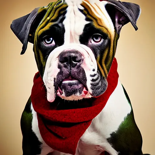 Image similar to portrait of american bulldog as afghan puppy, green eyes and red scarf looking intently, photograph by steve mccurry