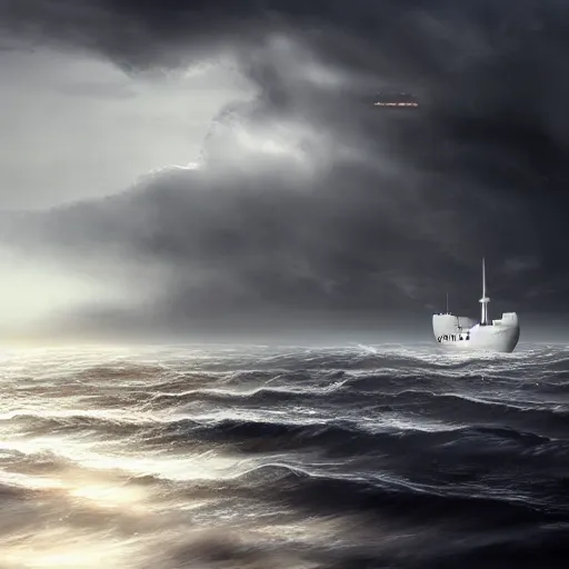 Image similar to large lonely ship drifting amongst the clouds and fog with heavy dark storm beautiful Concept art