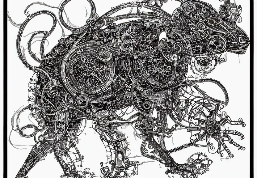 Image similar to schematic blueprint of highly detailed ornate filigreed convoluted ornamented elaborate cybernetic rat, full body, character design, middle of the page, art by da vinci