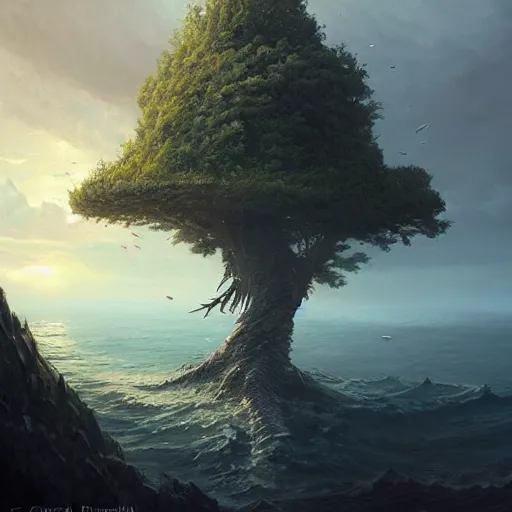 Prompt: a tree in the shape of a fish, in a sea, by greg rutkowski, trending on art station, highly detailed, magic the gathering, matte painting