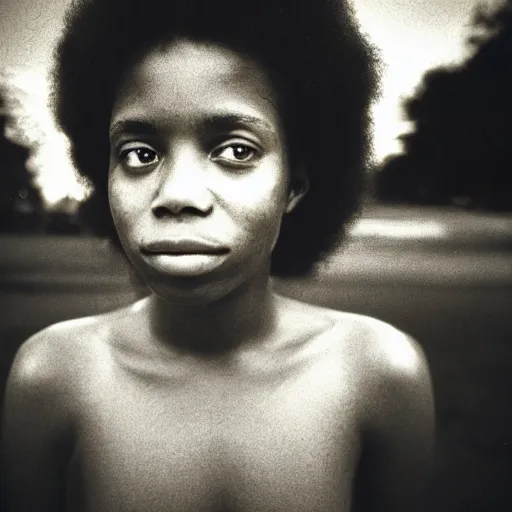 Image similar to portrait, extreme close up, sepia, teenager light - skin girl, afro hair, stares at the camera, night sky, stars, bruce gilden, leica s, fuji 8 0 0, grainy, low light