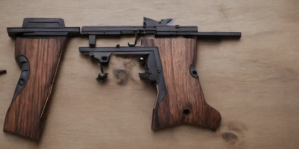 Prompt: a magic gun made out of wood, intricate details, professional