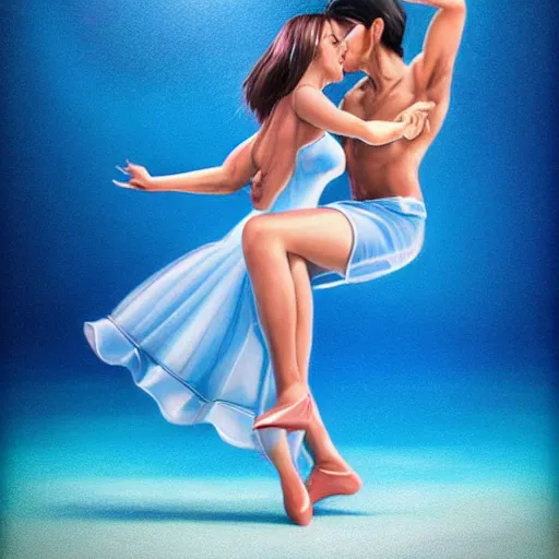 Image similar to semi realistic portrait Salsa Dancing inside clear blue ocean water by Hyung-tae Kim and by Artgerm Lau , color overlay, rim light and highlights , Gesture draw, Salsa Social Dance, couple, Salsa tricks, WLOP, Hyung-tae Kim, Rossdraws, Gesture draw, James Jean, Andrei Riabovitchev, Marc Simonetti, and Sakimichan, trending on artstation