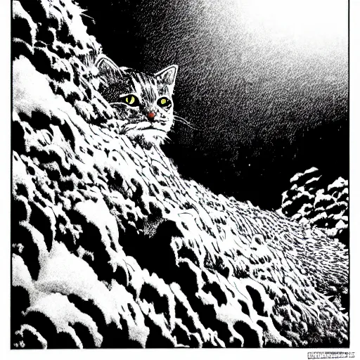 Image similar to tabby cat in a widescreen snowstorm katsuhiro otomo highly detailed black & white 1 0 2 4 x 1 0 2 4