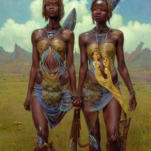 Prompt: beautiful Zulu goddesses holding hands, focused, worried, highly detailed, artstation, concept art, sharp, illustration, art by Edgar Maxence and Ross Tran and Michael Whelan