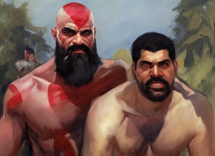 Image similar to a highly detailed beautiful portrait of kratos with nicolas maduro, by gregory manchess, james gurney, james jean