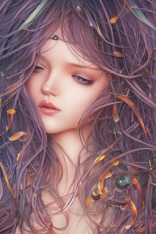 Prompt: intricate, richly detailed colored 3 d illustration of a beautiful ornated cute woman with long metallic hair background with completely rendered reflections, art by range murata and artgerm highly detailed, digital painting, trending on artstation