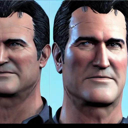 Image similar to a screenshot of bruce campbell in resident evil. 3 d rendering. unreal engine. amazing likeness. very detailed. cartoon caricature