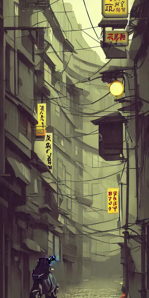 Prompt: tokyo alleyway, rainy day, scooter, by cory loftis, makoto shinkai, hasui kawase, james gilleard, beautiful, serene, peaceful, lonely, golden curve composition