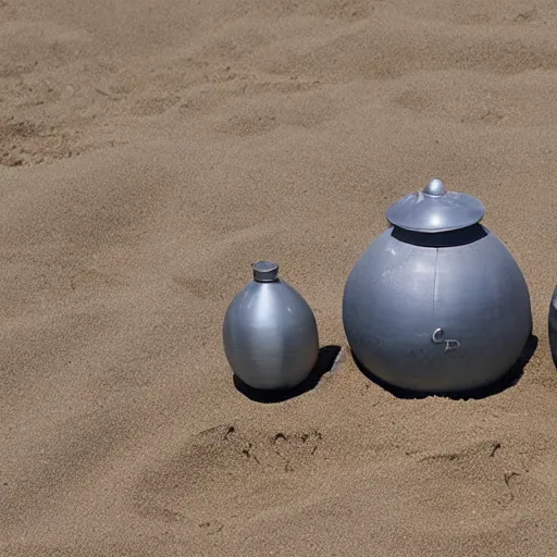 Image similar to three woks, each with the approximate dimensions of 50cm long and 30 cm wide, placed on a sandy beach, with ocean in the background, photorealistic, 8k