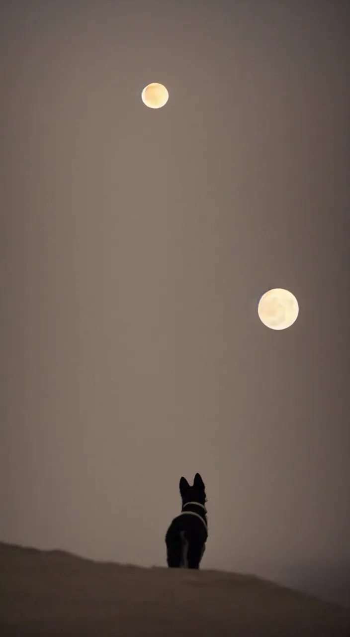 Prompt: a photo of a dog watching red moon