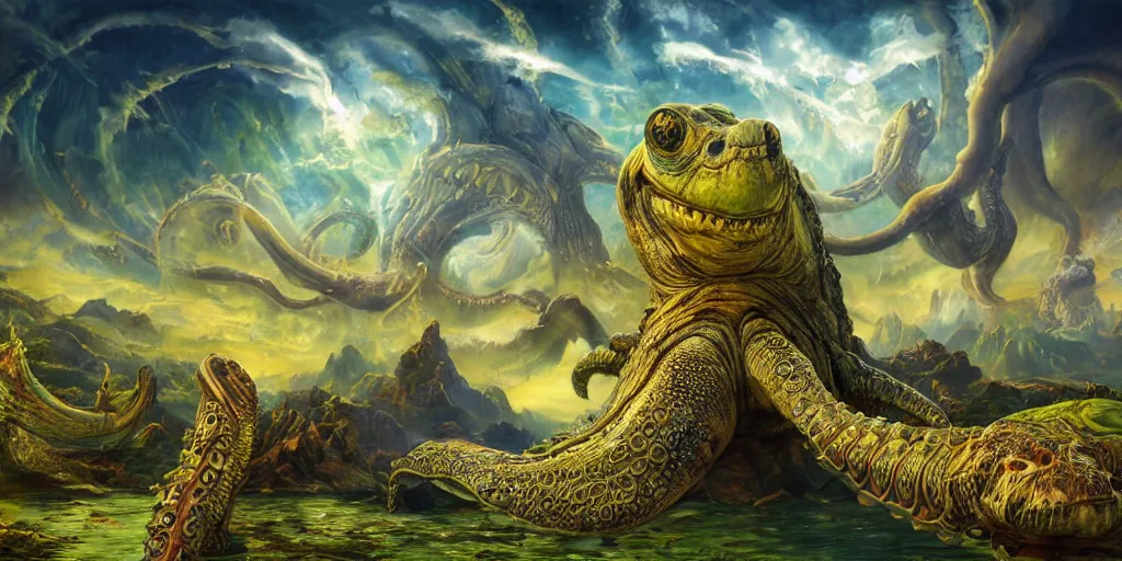 Image similar to fantasy oil painting, great leviathan, cybernetic turtle cephalopod terrapin reptilian pachyderm squid, bella hadid, hybrid, milla jovovich, anubis epic islamic city, natural light, lush plants flowers, spectacular mountains, bright clouds, luminous sky, outer worlds, golden hour, michael cheval, edward hopper, michael whelan, hd