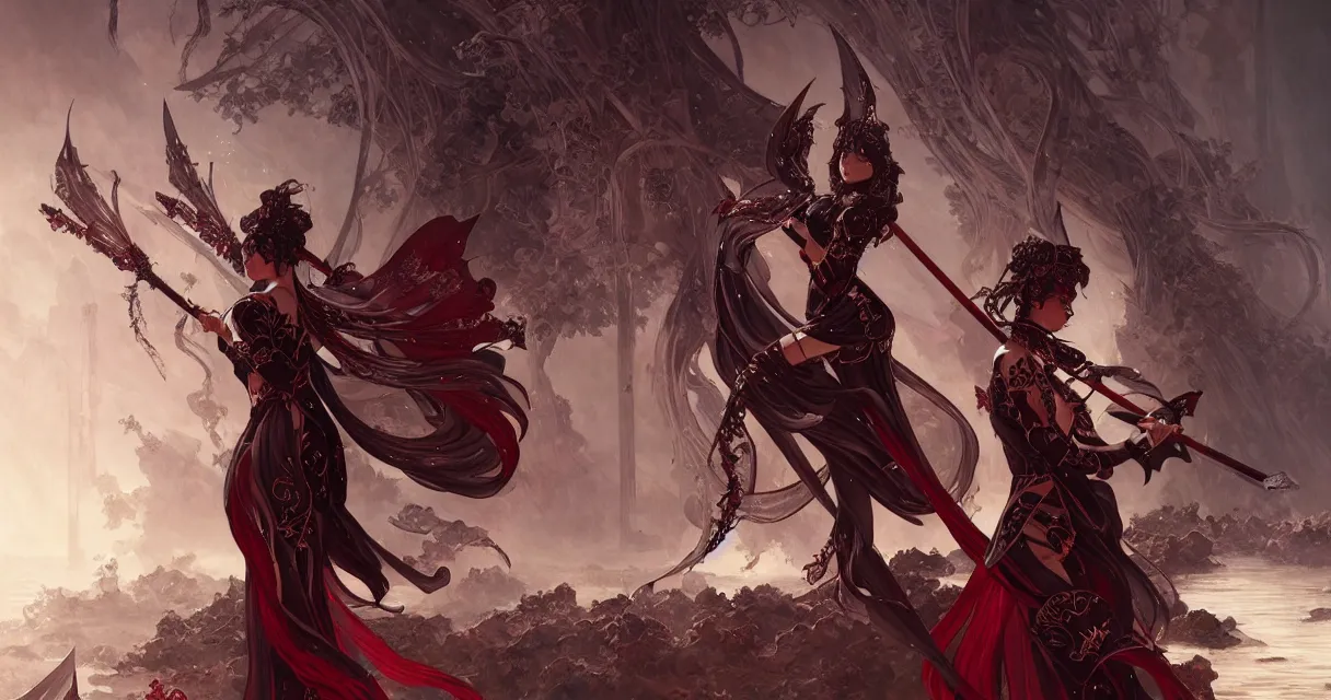 Prompt: evilly knights of zodiac girl, black and reddish color reflected armor, sword and katana dance in ruined agora of athens fallen night, ssci - fi and fantasy, intricate and very very beautiful and elegant, highly detailed, digital painting, artstation, concept art, smooth and sharp focus, illustration, art by tian zi and wlop and alphonse mucha