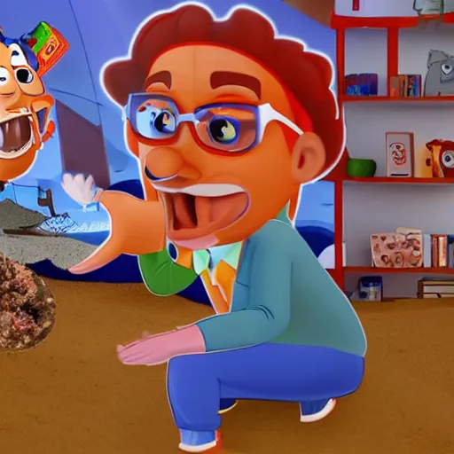 Prompt: blippi crawling through fecal matter, onlookers watching in horror, 8 k