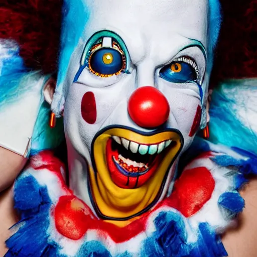 Prompt: uhd candid photo of a robot clown wearing bizarre clown makeup, with accurate face, intricate clown costume, uhd, studio lighting, correct face, photo by annie leibovitz