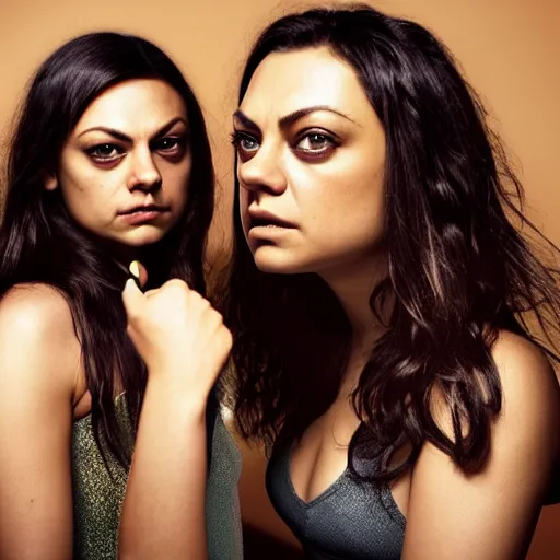 Image similar to Selfie photograph of Mila Kunis and Mila Kunis, golden hour, 8k, photographed by Erwin Olaf