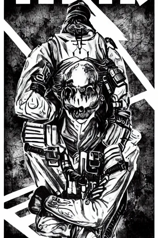 Image similar to a paranormal soldier, mystical tattoos, emp weapons strapped in shoulders, horror sci - fi black and white poster