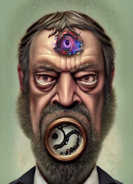 Image similar to lovecraftian portrait of grumpy stephen fry, pixar style, by tristan eaton stanley artgerm and tom bagshaw