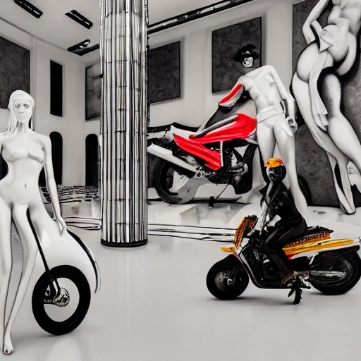 Image similar to a hyper detailed realistic cinematic lit scene in the guggenheim museum of a white armless marble statue of a woman, with a motorcycle in background with motocross colors and corporate logos in the style of virgil abloh, offwhite, louis vuitton, denoise, vogue, brooklyn museum, catalog