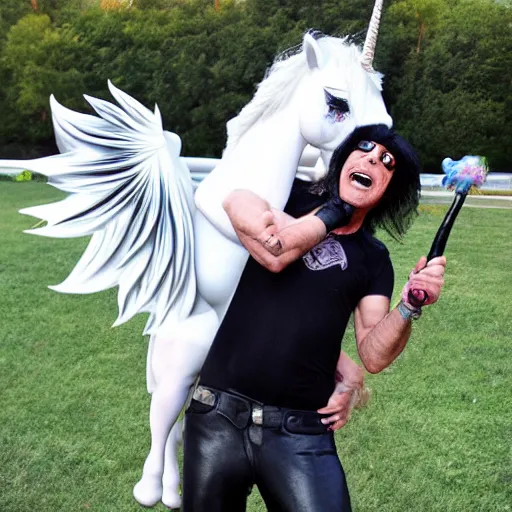 Prompt: gene simmons riding a unicorn