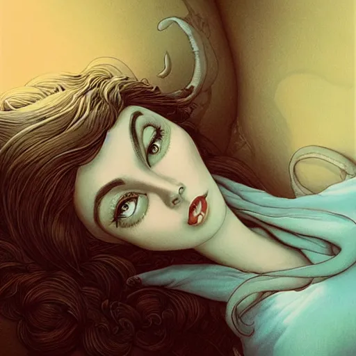 Image similar to Lofi portrait while sleeping, Pixar style by Joe Fenton and Stanley Artgerm and Tom Bagshaw and Tim Burton