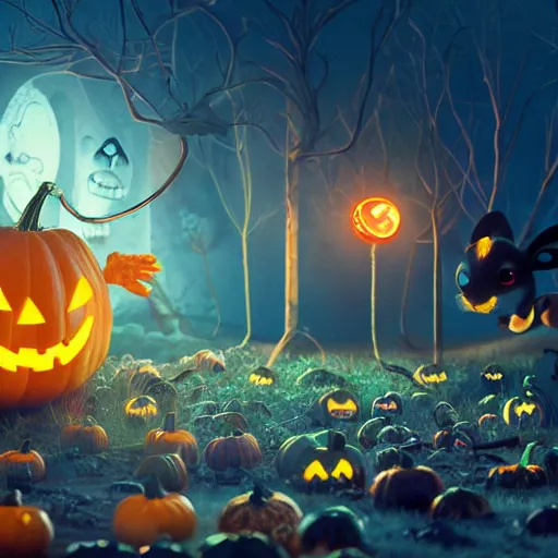 Prompt: halloween festival, expressive eyes, floating, rbc, bunny, radiolaria, protophyta, micro - organisms, center frame, symmetric, rim light, marine microbiology, bioluminescence, electric, fur, soft, concept art, intricate details, highly detailed, colorful, photorealistic, disney pixar, octane render,