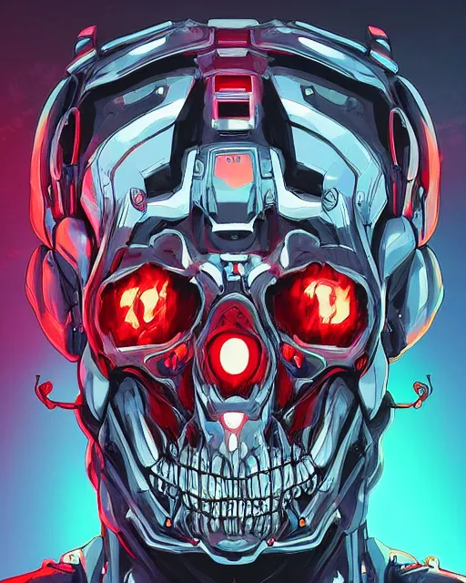 Image similar to a portrat of an immortal mecha cyber skeleton with glowing red eyes, digital art by dan mumford and Derek Riggs, trending on artstationhq