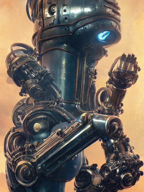 Prompt: portrait of a metallic robot from bioshock infinite, art by ryo shiotani and greg rutkowski, intricate, beautiful, cute, cinematic lighting, vintage art by serge ivanoff, high resolution, very detailed