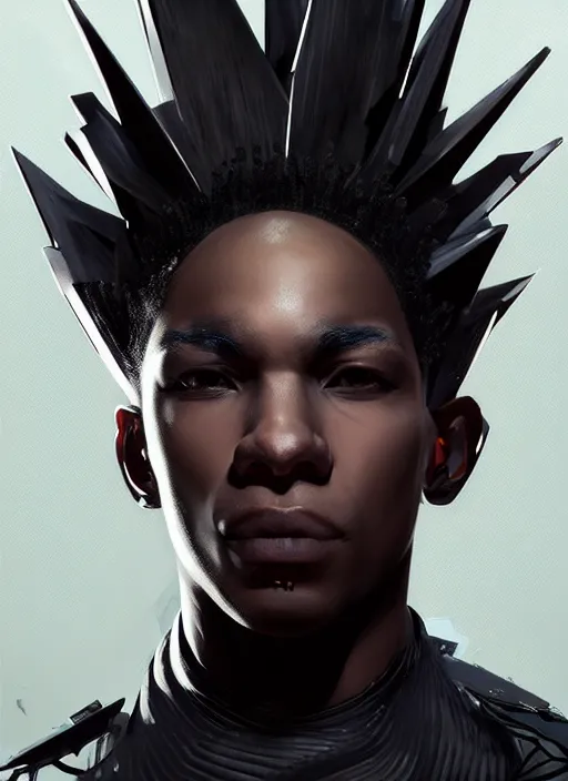 Image similar to portrait of a young black man with a mohawk and solid black irises, wearing futuristic techwear highly detailed, angular jawline, digital painting, artstation, concept art, smooth, sharp focus, illustration, art by wlop, uang guangjian and gil elvgren and sachin teng and greg rutkowski